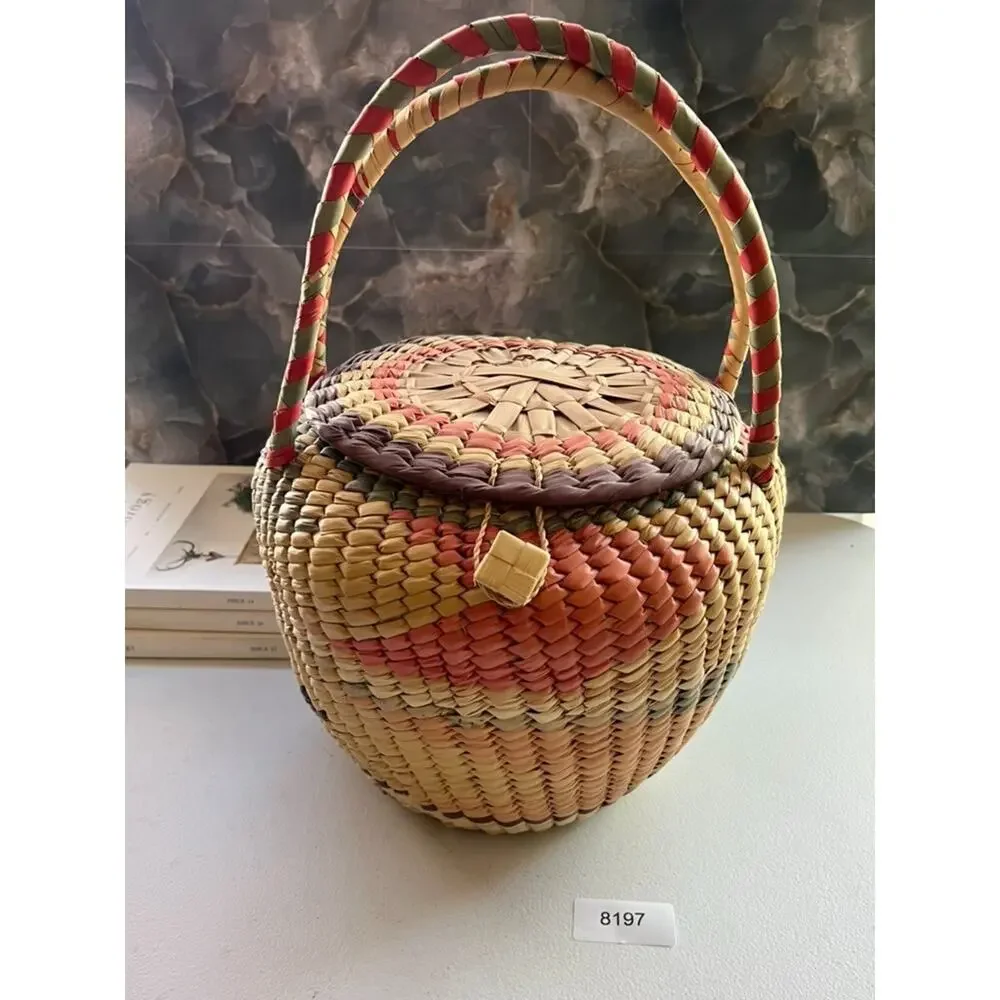 Handwoven Large Basket with Lid Double Handles